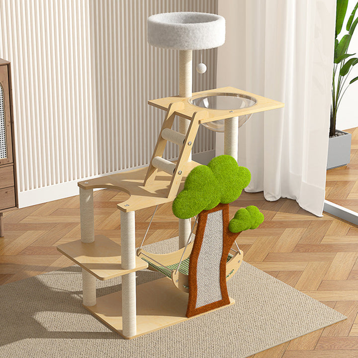Conception contemporaine de cabane dans les arbres créative en panneau de fibres à densité moyenne, sisal, papier kraft, velours, plastique, coton-lin, arbre à chat et condo, 1 hamac, 1 griffoir pour salon 