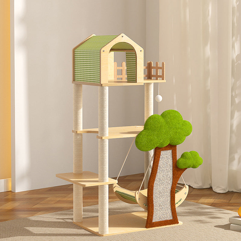 Conception contemporaine de cabane dans les arbres créative en panneau de fibres à densité moyenne, sisal, papier kraft, velours, plastique, coton-lin, arbre à chat et condo, 1 hamac, 1 griffoir pour salon 
