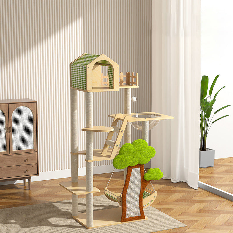 Conception contemporaine de cabane dans les arbres créative en panneau de fibres à densité moyenne, sisal, papier kraft, velours, plastique, coton-lin, arbre à chat et condo, 1 hamac, 1 griffoir pour salon 