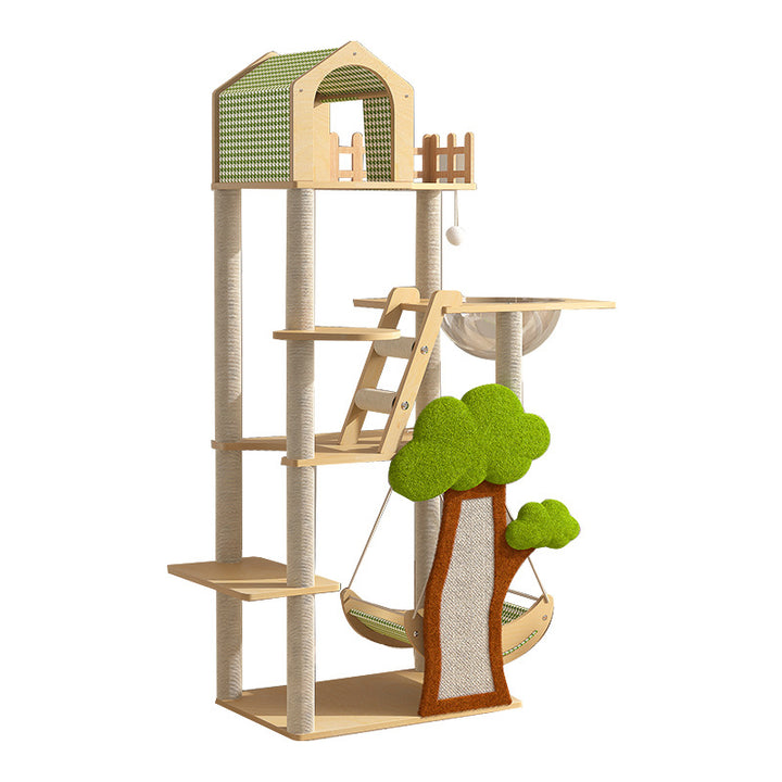 Conception contemporaine de cabane dans les arbres créative en panneau de fibres à densité moyenne, sisal, papier kraft, velours, plastique, coton-lin, arbre à chat et condo, 1 hamac, 1 griffoir pour salon 