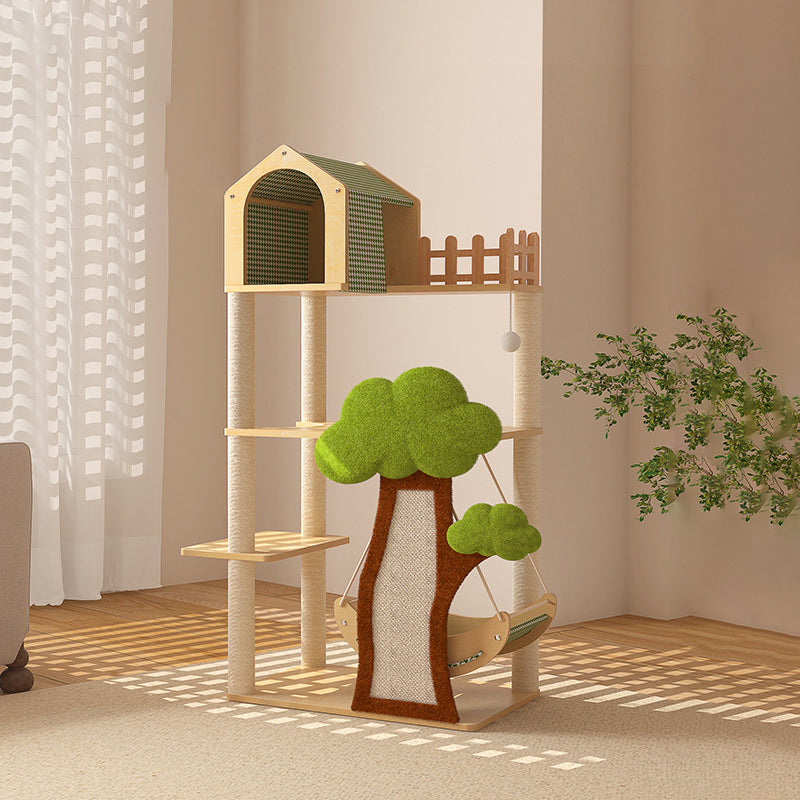 Conception contemporaine de cabane dans les arbres créative en panneau de fibres à densité moyenne, sisal, papier kraft, velours, plastique, coton-lin, arbre à chat et condo, 1 hamac, 1 griffoir pour salon 