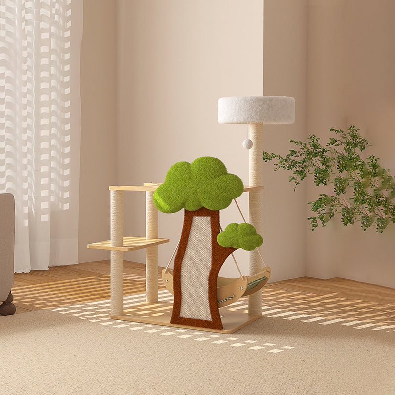 Conception contemporaine de cabane dans les arbres créative en panneau de fibres à densité moyenne, sisal, papier kraft, velours, plastique, coton-lin, arbre à chat et condo, 1 hamac, 1 griffoir pour salon 