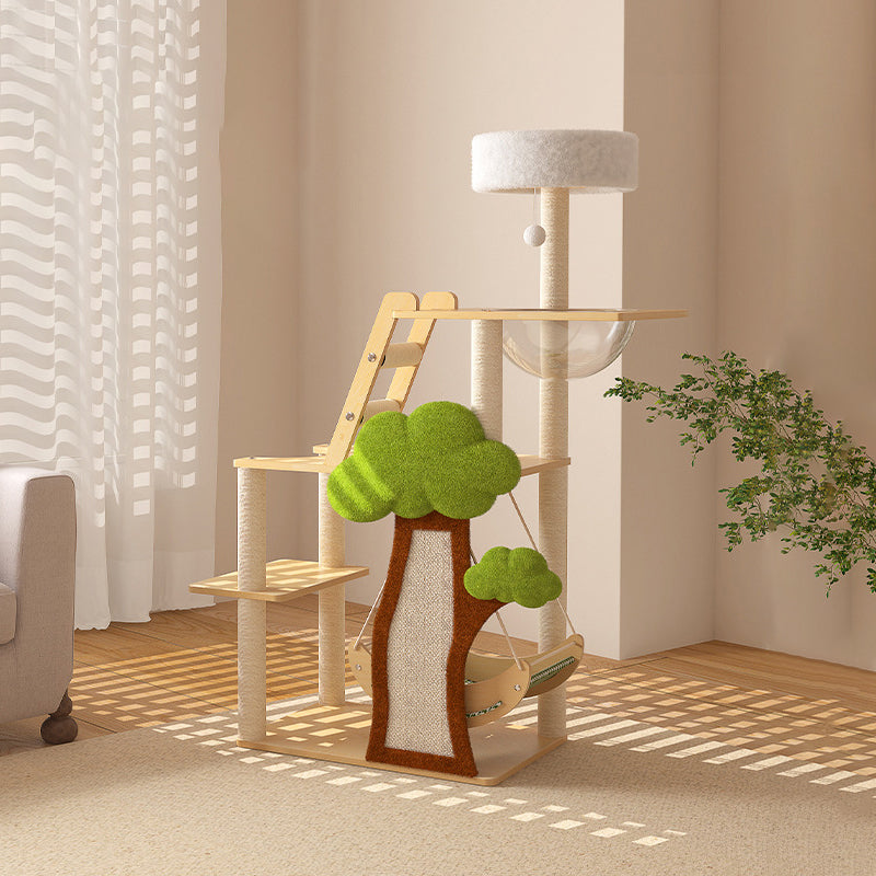 Conception contemporaine de cabane dans les arbres créative en panneau de fibres à densité moyenne, sisal, papier kraft, velours, plastique, coton-lin, arbre à chat et condo, 1 hamac, 1 griffoir pour salon 