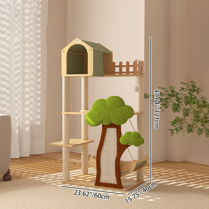 Conception contemporaine de cabane dans les arbres créative en panneau de fibres à densité moyenne, sisal, papier kraft, velours, plastique, coton-lin, arbre à chat et condo, 1 hamac, 1 griffoir pour salon 