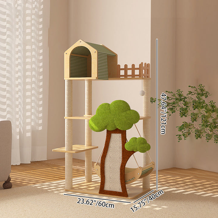 Conception contemporaine de cabane dans les arbres créative en panneau de fibres à densité moyenne, sisal, papier kraft, velours, plastique, coton-lin, arbre à chat et condo, 1 hamac, 1 griffoir pour salon 