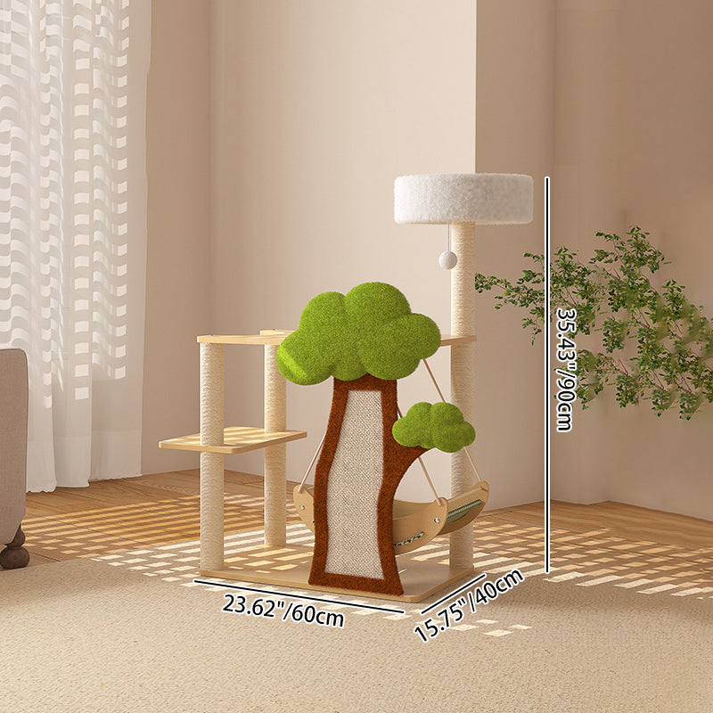 Conception contemporaine de cabane dans les arbres créative en panneau de fibres à densité moyenne, sisal, papier kraft, velours, plastique, coton-lin, arbre à chat et condo, 1 hamac, 1 griffoir pour salon 