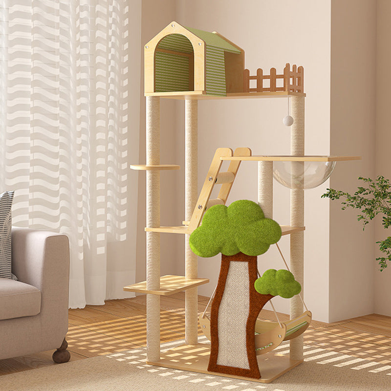 Conception contemporaine de cabane dans les arbres créative en panneau de fibres à densité moyenne, sisal, papier kraft, velours, plastique, coton-lin, arbre à chat et condo, 1 hamac, 1 griffoir pour salon 