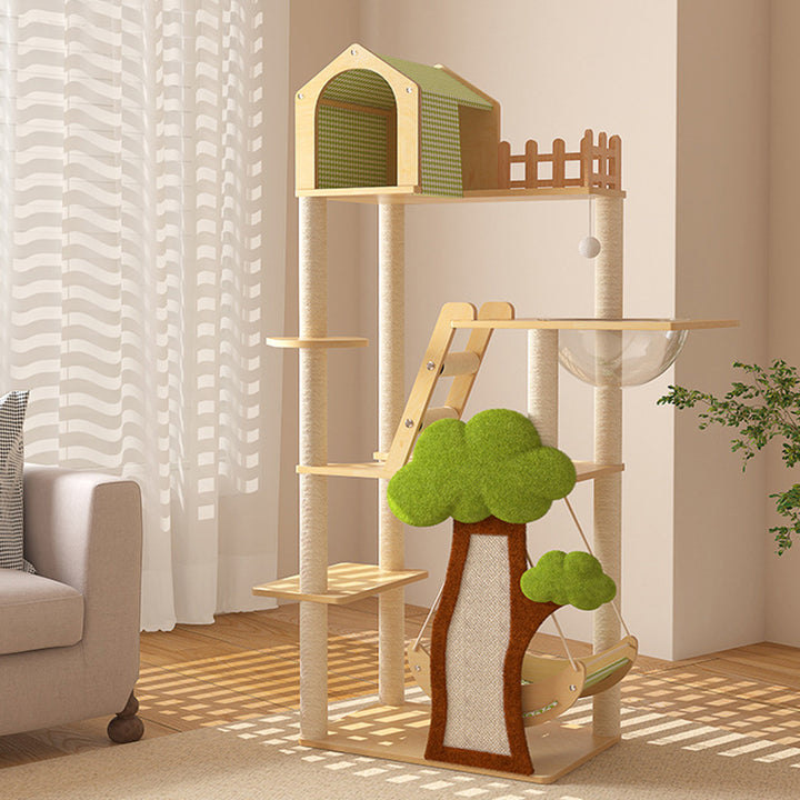 Conception contemporaine de cabane dans les arbres créative en panneau de fibres à densité moyenne, sisal, papier kraft, velours, plastique, coton-lin, arbre à chat et condo, 1 hamac, 1 griffoir pour salon 