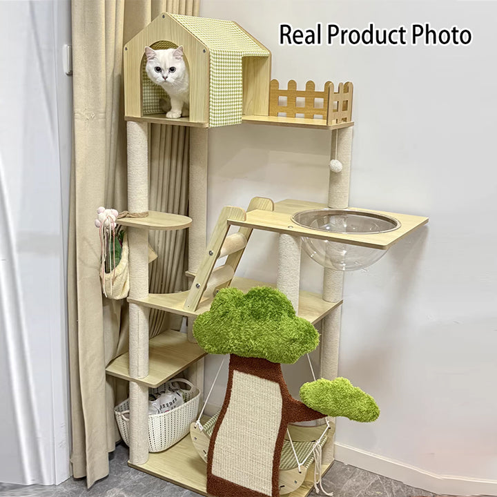 Conception contemporaine de cabane dans les arbres créative en panneau de fibres à densité moyenne, sisal, papier kraft, velours, plastique, coton-lin, arbre à chat et condo, 1 hamac, 1 griffoir pour salon 