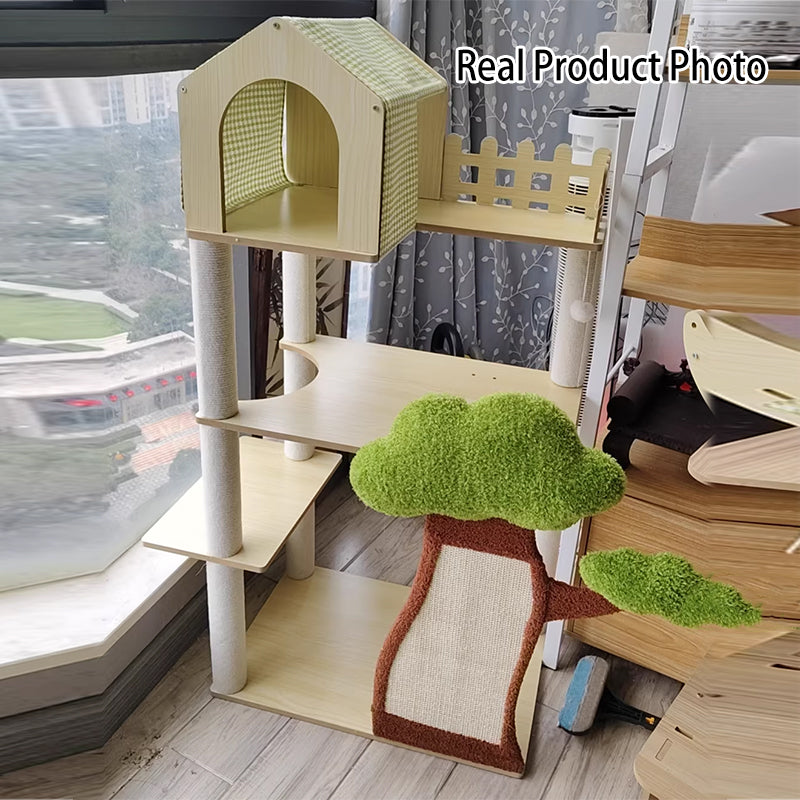 Conception contemporaine de cabane dans les arbres créative en panneau de fibres à densité moyenne, sisal, papier kraft, velours, plastique, coton-lin, arbre à chat et condo, 1 hamac, 1 griffoir pour salon 