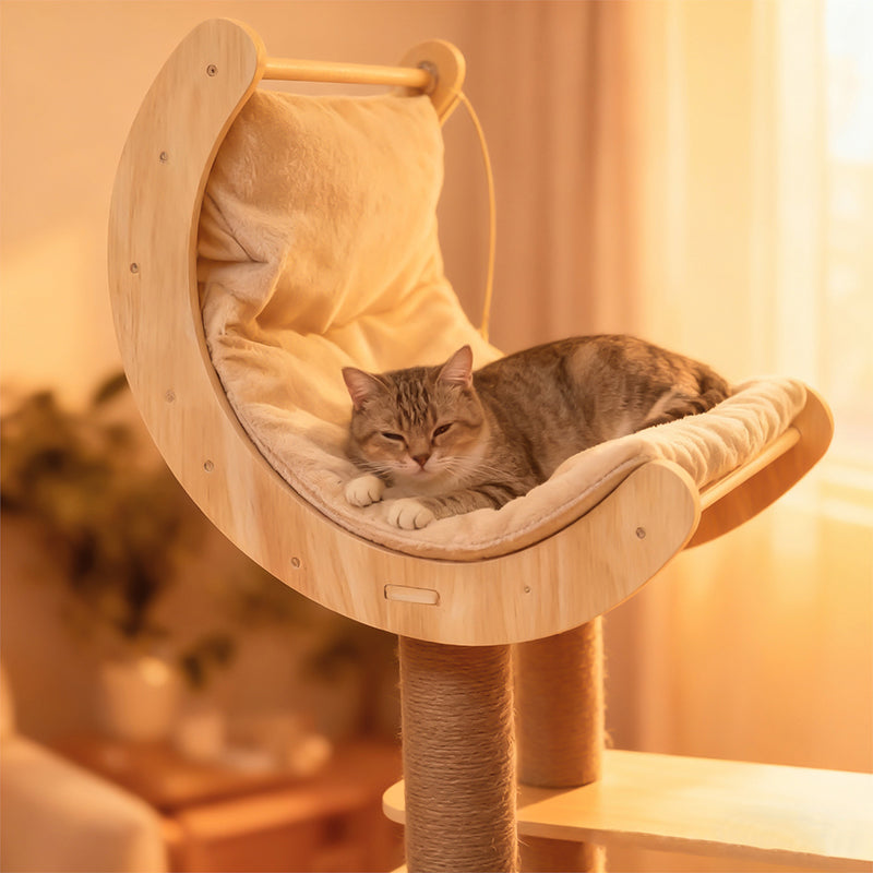 Árbol para gatos contemporáneo de madera maciza, contrachapado, cuerda de cáñamo, cartón engrosado, tubo de plástico, terciopelo, condo de 3 niveles y 1 percha, para sala de estar 
