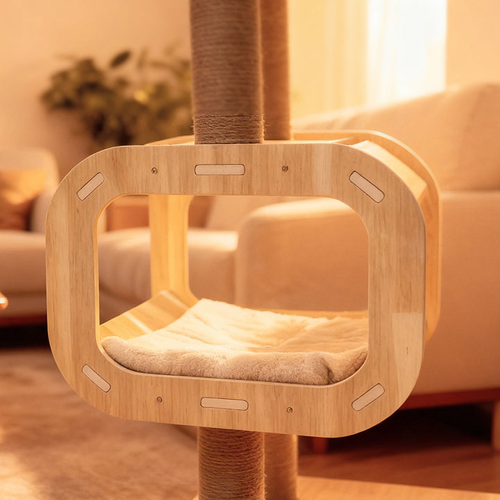 Árbol para gatos contemporáneo de madera maciza, contrachapado, cuerda de cáñamo, cartón engrosado, tubo de plástico, terciopelo, condo de 3 niveles y 1 percha, para sala de estar 