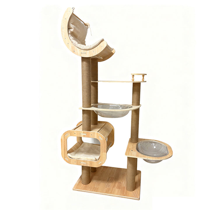 Árbol para gatos contemporáneo de madera maciza, contrachapado, cuerda de cáñamo, cartón engrosado, tubo de plástico, terciopelo, condo de 3 niveles y 1 percha, para sala de estar 