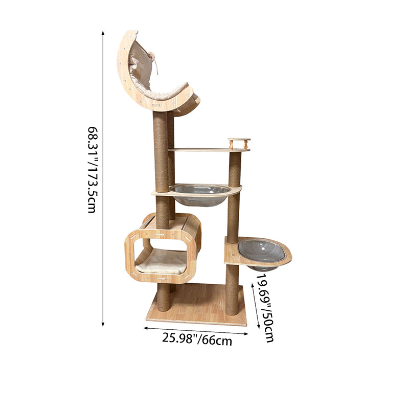 Árbol para gatos contemporáneo de madera maciza, contrachapado, cuerda de cáñamo, cartón engrosado, tubo de plástico, terciopelo, condo de 3 niveles y 1 percha, para sala de estar 