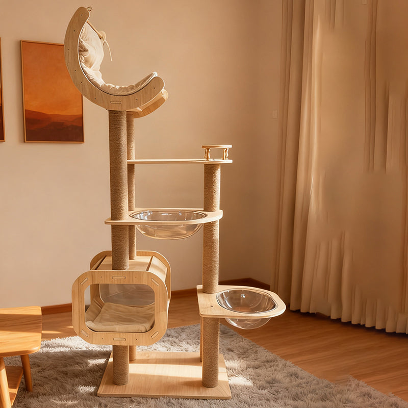 Árbol para gatos contemporáneo de madera maciza, contrachapado, cuerda de cáñamo, cartón engrosado, tubo de plástico, terciopelo, condo de 3 niveles y 1 percha, para sala de estar 