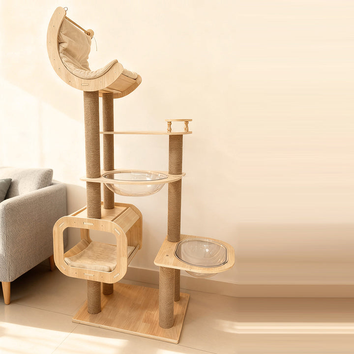 Árbol para gatos contemporáneo de madera maciza, contrachapado, cuerda de cáñamo, cartón engrosado, tubo de plástico, terciopelo, condo de 3 niveles y 1 percha, para sala de estar 
