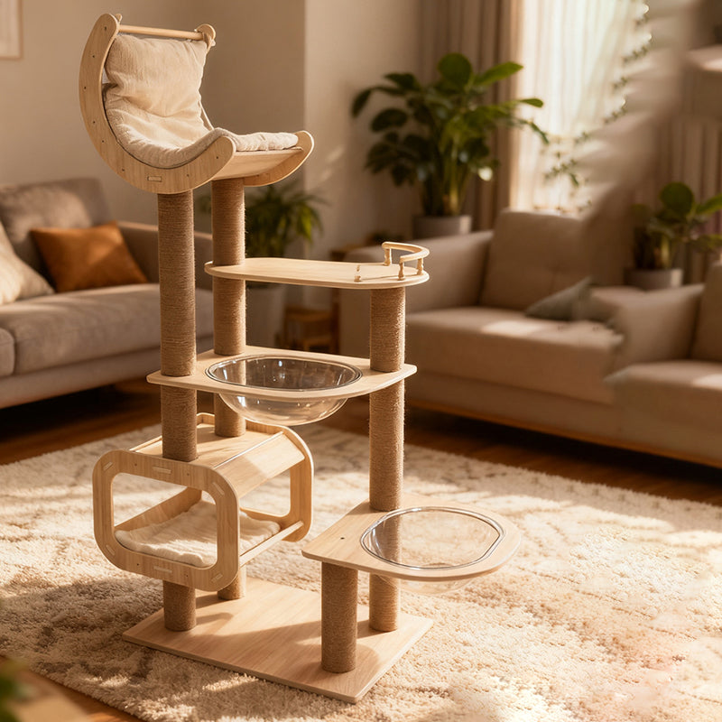 Árbol para gatos contemporáneo de madera maciza, contrachapado, cuerda de cáñamo, cartón engrosado, tubo de plástico, terciopelo, condo de 3 niveles y 1 percha, para sala de estar 