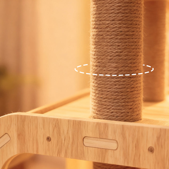 Árbol para gatos contemporáneo de madera maciza, contrachapado, cuerda de cáñamo, cartón engrosado, tubo de plástico, terciopelo, condo de 3 niveles y 1 percha, para sala de estar 
