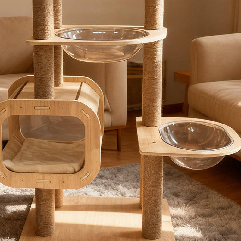 Árbol para gatos contemporáneo de madera maciza, contrachapado, cuerda de cáñamo, cartón engrosado, tubo de plástico, terciopelo, condo de 3 niveles y 1 percha, para sala de estar 
