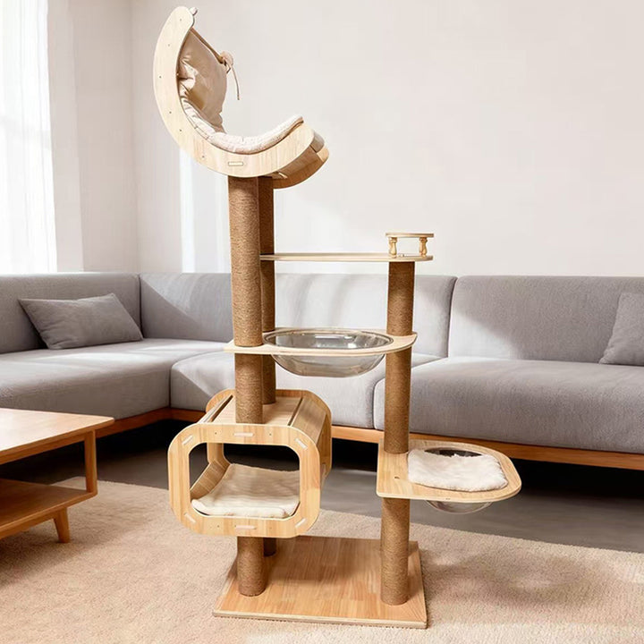 Arbre à chat et condo contemporain scandinave rectangulaire cylindrique incurvé en bois massif, contreplaqué, corde de chanvre, tube en carton épaissi, plastique, velours, 3 condos et 1 perchoir pour salon 