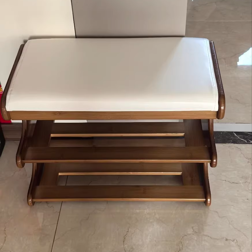 Banco zapatero rectangular de cuero PU de bambú minimalista moderno con almacenamiento de 2 niveles para la entrada 