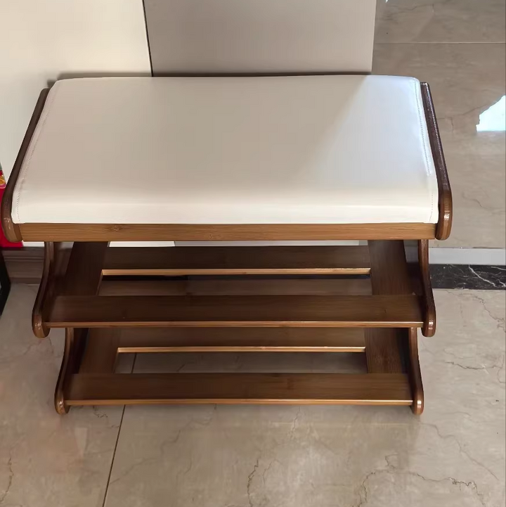 Banco zapatero rectangular de cuero PU de bambú minimalista moderno con almacenamiento de 2 niveles para la entrada 