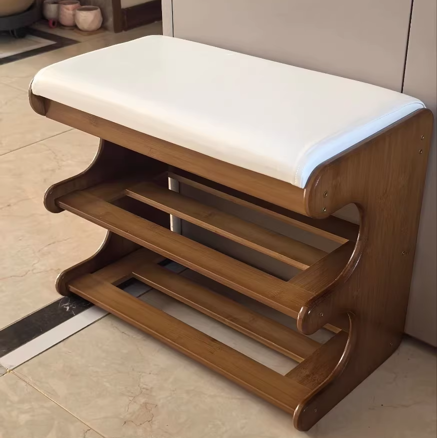 Banco zapatero rectangular de cuero PU de bambú minimalista moderno con almacenamiento de 2 niveles para la entrada 