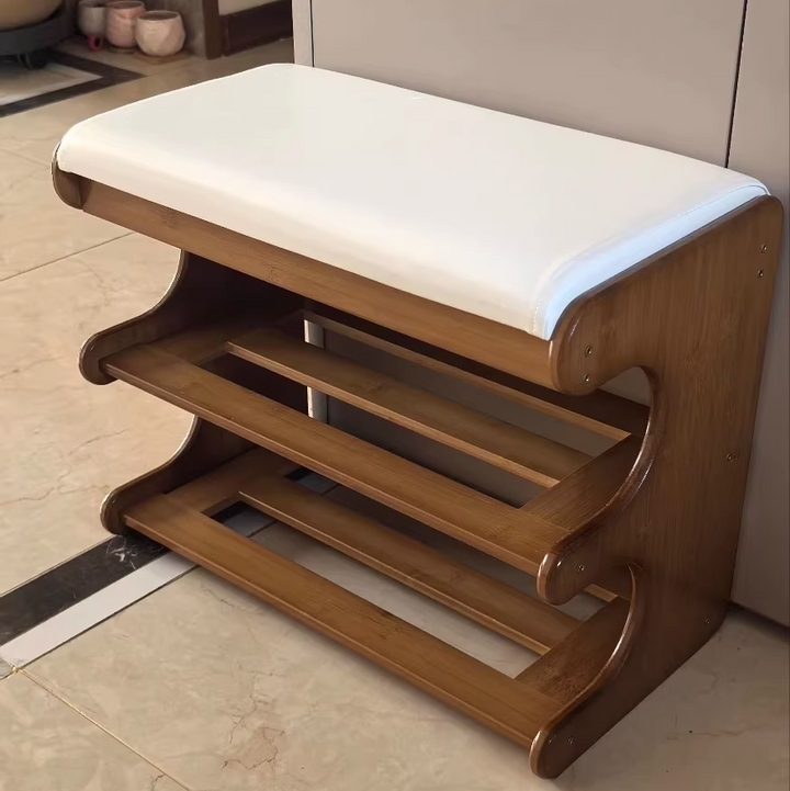 Banco zapatero rectangular de cuero PU de bambú minimalista moderno con almacenamiento de 2 niveles para la entrada 