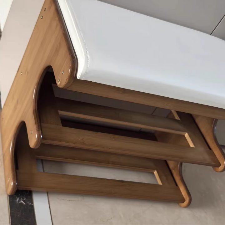 Banco zapatero rectangular de cuero PU de bambú minimalista moderno con almacenamiento de 2 niveles para la entrada 