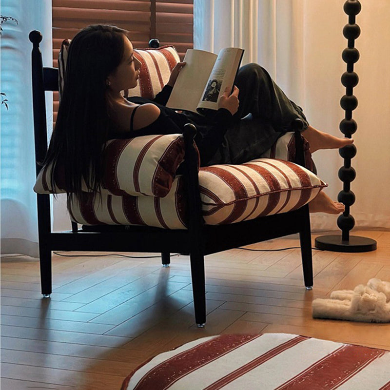 Traditional French Rectangular Cotton-Linen Fabric Solid Wood Accent Chair Armrest Backrest For Living Room