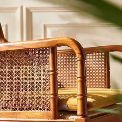 Traditional Chinese Rattan Solid Wood Rectangular Accent Chair Backrest Armrest For Living Room