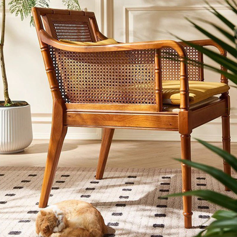 Traditional Chinese Rattan Solid Wood Rectangular Accent Chair Backrest Armrest For Living Room