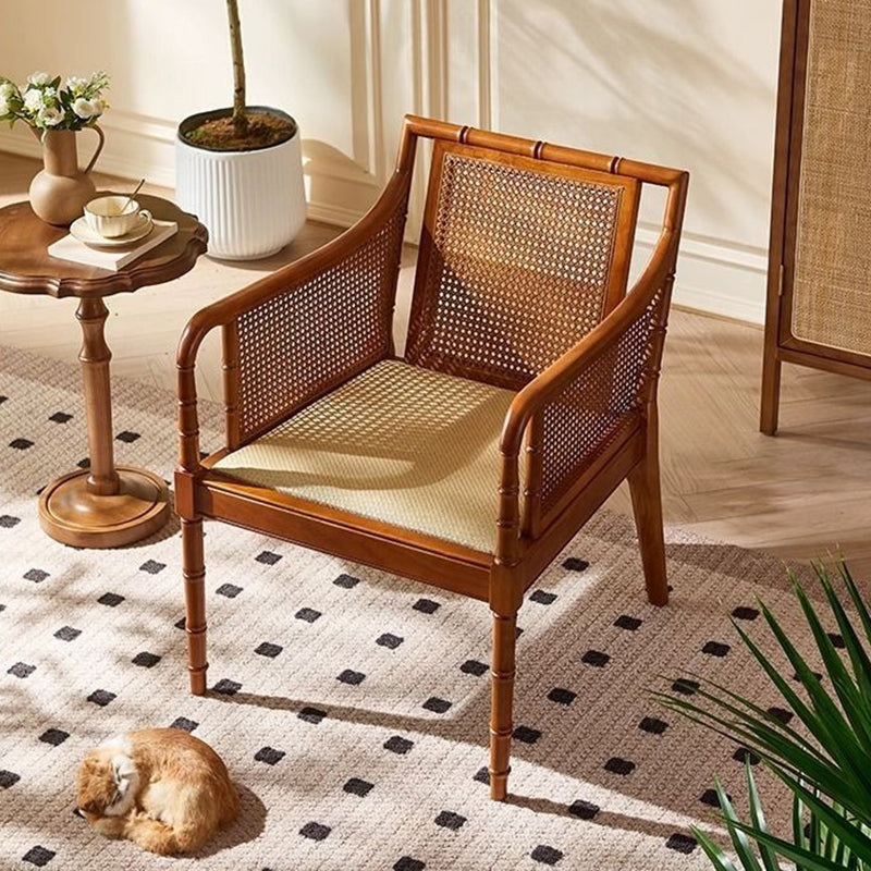Traditional Chinese Rattan Solid Wood Rectangular Accent Chair Backrest Armrest For Living Room