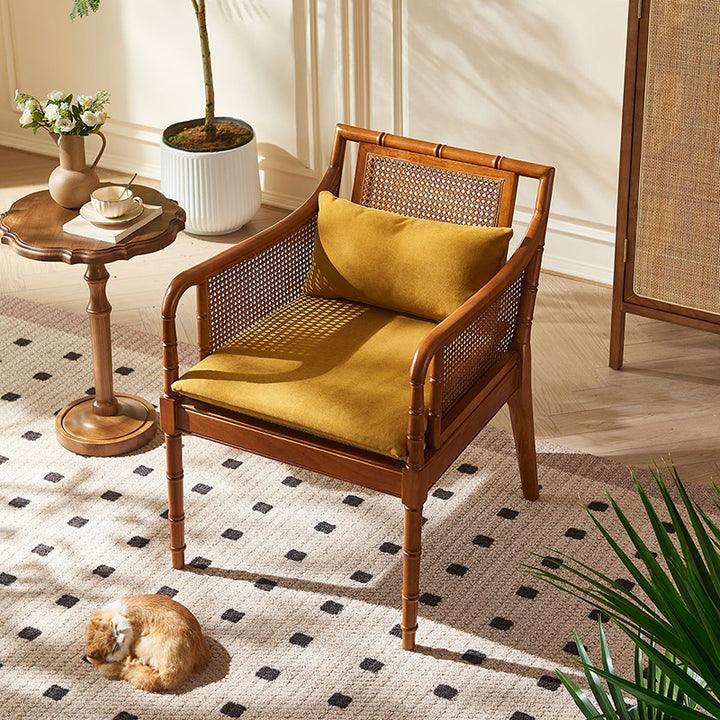 Traditional Chinese Rattan Solid Wood Rectangular Accent Chair Backrest Armrest For Living Room