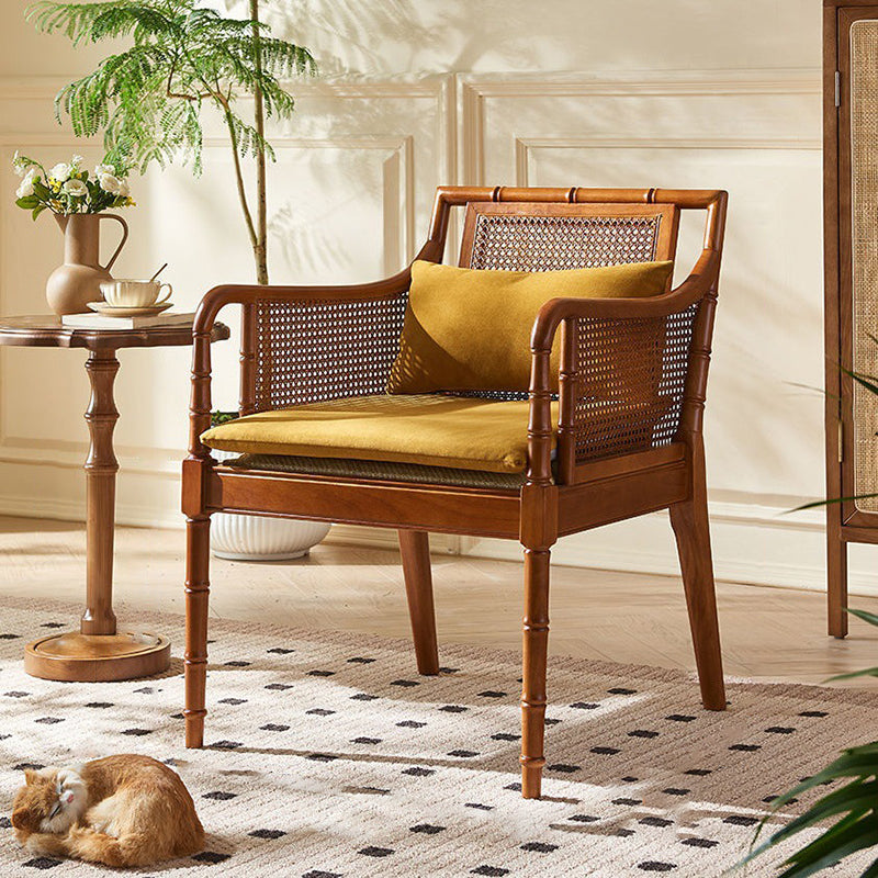 Traditional Chinese Rattan Solid Wood Rectangular Accent Chair Backrest Armrest For Living Room