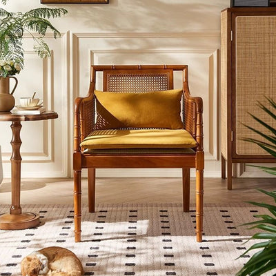 Traditional Chinese Rattan Solid Wood Rectangular Accent Chair Backrest Armrest For Living Room