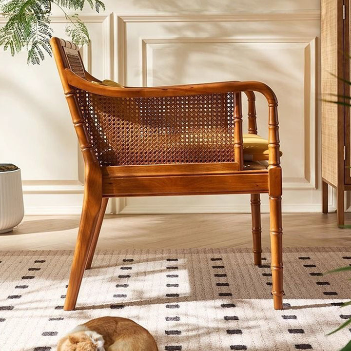 Silla de acento rectangular de ratán chino tradicional de madera maciza con respaldo y reposabrazos para sala de estar 