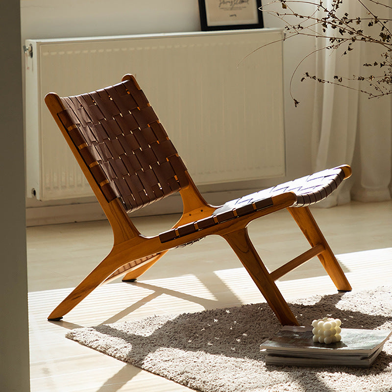 Traditional Rustic Saddle Leather Solid Wood Rectangular Accent Chair Backrest Armless For Living Room