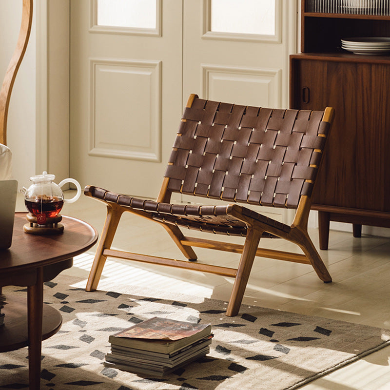 Silla de acento rectangular de madera maciza, estilo rústico tradicional, con respaldo de cuero sintético tipo silla de montar, sin brazos, para sala de estar 