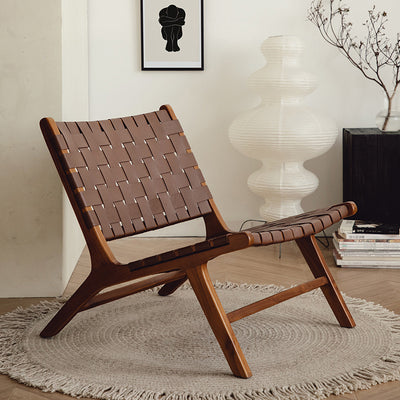 Traditional Rustic Saddle Leather Solid Wood Rectangular Accent Chair Backrest Armless For Living Room