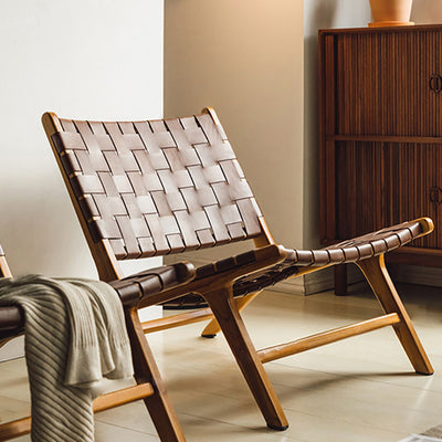 Traditional Rustic Saddle Leather Solid Wood Rectangular Accent Chair Backrest Armless For Living Room