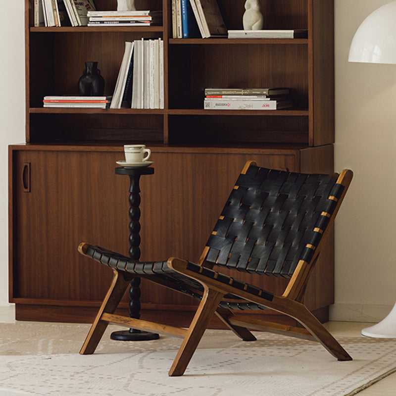 Traditional Rustic Saddle Leather Solid Wood Rectangular Accent Chair Backrest Armless For Living Room