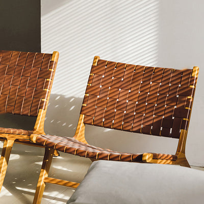 Traditional Rustic Saddle Leather Solid Wood Rectangular Accent Chair Backrest Armless For Living Room