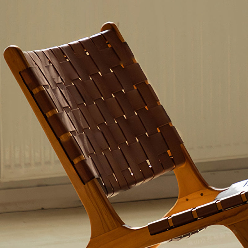 Traditional Rustic Saddle Leather Solid Wood Rectangular Accent Chair Backrest Armless For Living Room