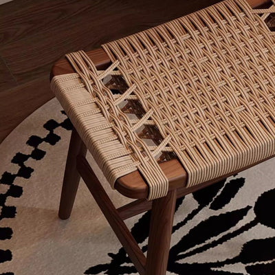 Traditional Rustic Rectangular Kraft Paper Rope Solid Wood Vanity Stool Backless Armless For Bedroom