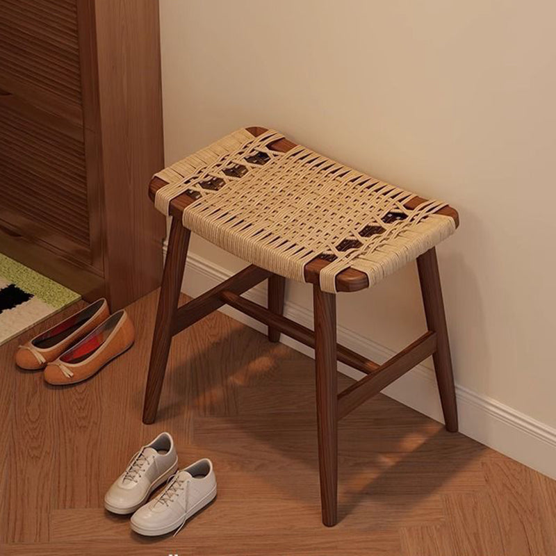 Traditional Rustic Rectangular Kraft Paper Rope Solid Wood Vanity Stool Backless Armless For Bedroom