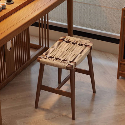 Traditional Rustic Rectangular Kraft Paper Rope Solid Wood Vanity Stool Backless Armless For Bedroom