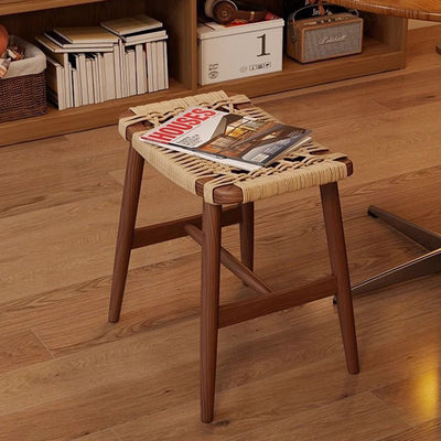 Traditional Rustic Rectangular Kraft Paper Rope Solid Wood Vanity Stool Backless Armless For Bedroom