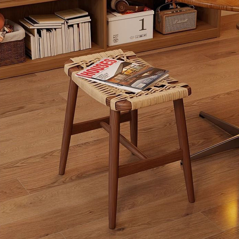 Traditional Rustic Rectangular Kraft Paper Rope Solid Wood Vanity Stool Backless Armless For Bedroom