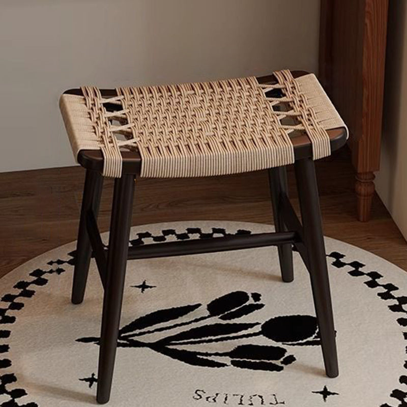 Traditional Rustic Rectangular Kraft Paper Rope Solid Wood Vanity Stool Backless Armless For Bedroom